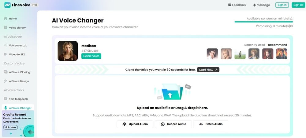 FineVoice online voice changer interface showing voice selection, AI character preview, audio upload buttons, and free usage limit notice