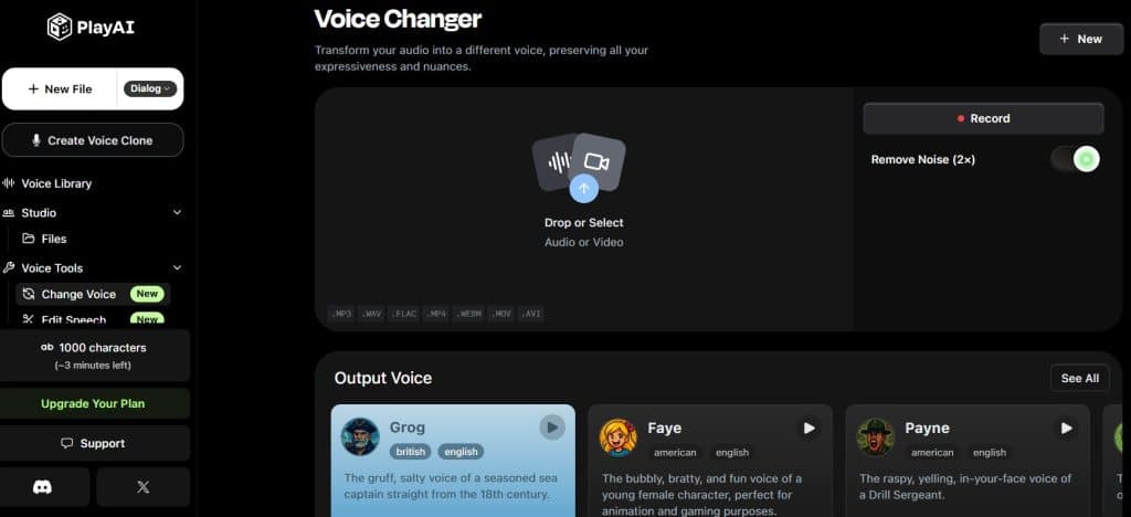 Play.ai nterface with voice upload, real-time preview, and voice styles like Grog, Faye, and Payne.