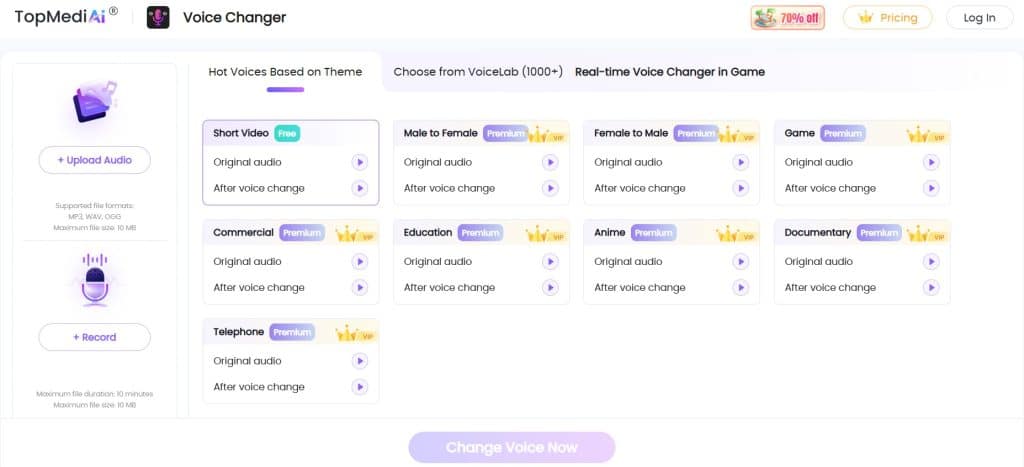 TopMediai voice changer interface with audio upload, real-time preview of original and converted voice, and free voice options.