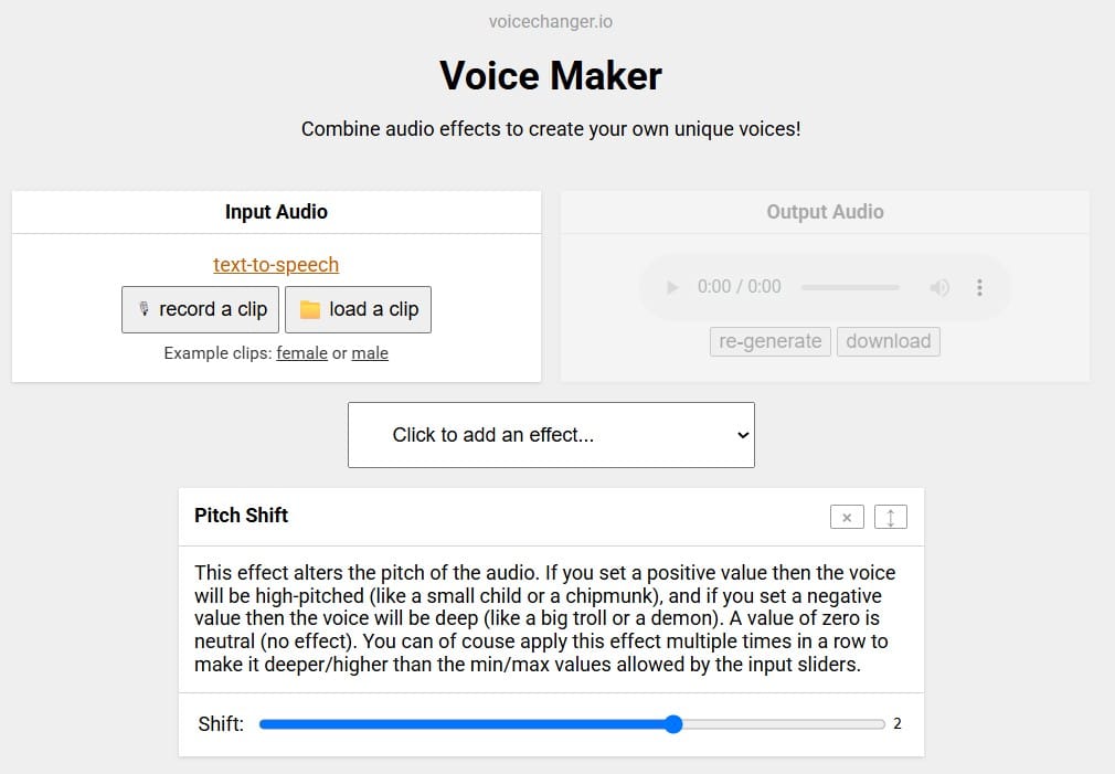 Voice Maker interface with pitch shift slider, audio input buttons, and list of voice effects available online.